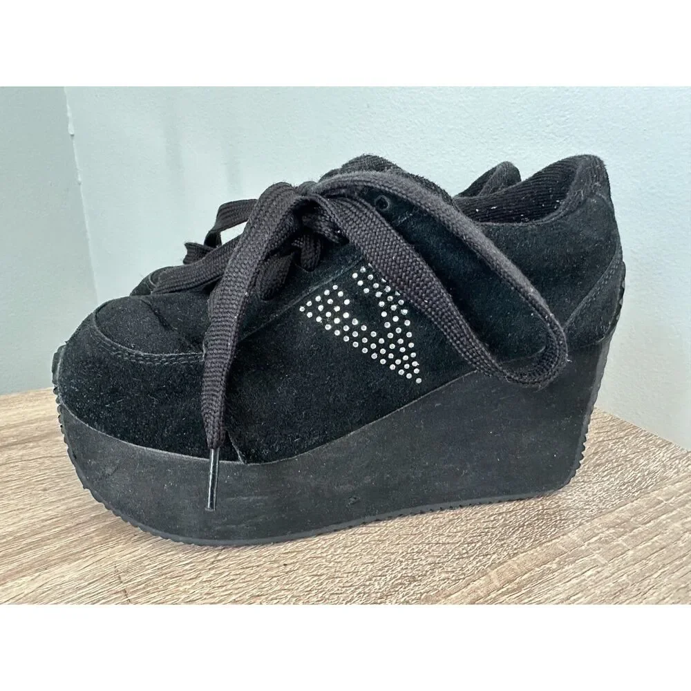 Vintage Volatile Black Suede Platform Sneakers Wedge Chunky Shoes Y2K Size 7